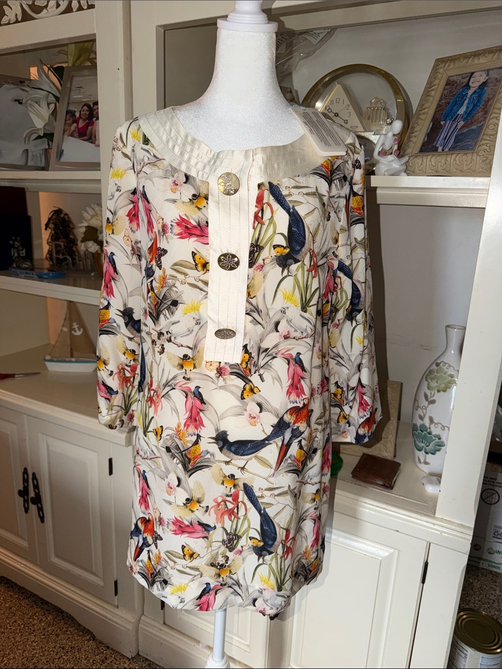 Vintage Cream Floral & Bird Print Tunic Blouse  100% pure silk